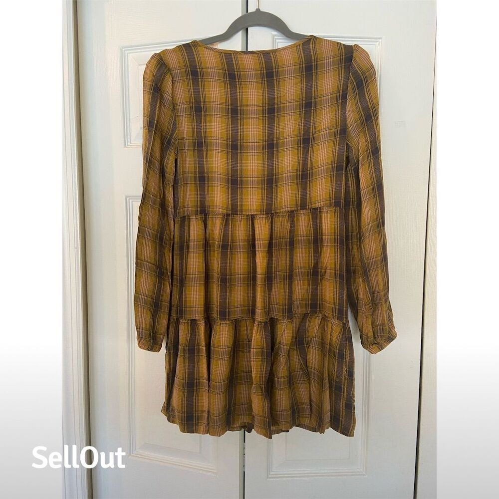 Abound XS Brown Plaid Long Sleeve Babydoll Mini Dress Casual - Picture 3 of 3